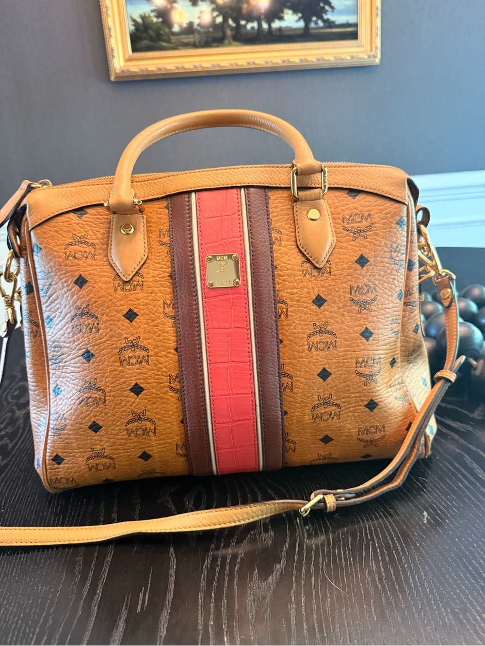 Authentic Ltd. MCM Cognac Visetos Satchel with Pink Center Stripe and Brown Trim